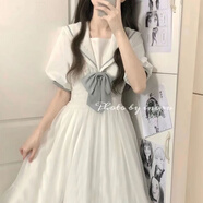 腿中狼學(xué)院風(fēng)甜美日系蝴蝶結(jié)網(wǎng)紗連衣裙女學(xué)生韓版中長(zhǎng)款海軍領(lǐng)公主裙子 白色 S 【關(guān)注店鋪】