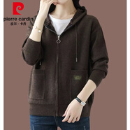 皮爾卡丹（pierre cardin）高檔連帽開衫外套女2024秋冬新款毛衣韓版時尚外搭拉鏈帶帽針織衫 咖色 XXL建議130-140斤左右