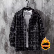 玖臧小香風(fēng)格子夾克男潮牌長(cháng)袖春秋高級感男裝痞帥加厚大碼上衣外套男 3303黑色 加絨 XL