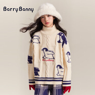 BARRY BANNY女童毛衣針織衫2024秋冬新款6-14歲企鵝立體麻花毛衣中大兒童高領(lǐng) 企鵝上衣 150-160cm(80-100斤)