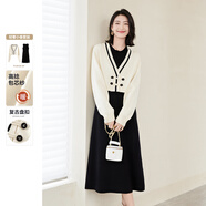 歐莎（OSA）新中式國風(fēng)連衣裙套裝針織開(kāi)衫兩件套女士冬季2025年新款 黑白 XL