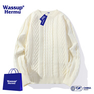 WASSUP HERMU毛衣男春秋季加絨加厚圓領(lǐng)針織衫簡(jiǎn)約復(fù)古男女情侶款款上衣毛線衣 白色 M（建議90-110斤）