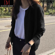 DAVEY MODE春秋針織衫毛衣開衫女大碼胖mm微胖灰色顯瘦圓領(lǐng)外搭上衣外套冬季 黑色 XL 【120-135斤】