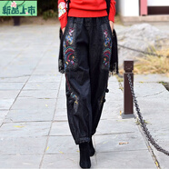 艾妃琳秋冬新款民族風(fēng)繡花燈籠褲寬松顯瘦牛仔褲女復(fù)古墜感闊腿媽媽長(zhǎng)褲 【35521春秋款 】黑灰色 長(zhǎng)褲 L 建議105斤到120斤