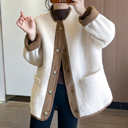 熒蒂小香風(fēng)羊羔毛外套女新款2025秋冬短款復古感加厚棒球服棉服上衣女 米杏色1 S(建議85-105斤)