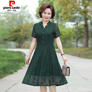 皮爾卡丹（pierre cardin）中老女裝秋季蕾絲連衣裙40歲媽媽裝春夏季中長(cháng)款大碼過(guò)膝長(cháng)裙子 V領(lǐng)墨綠色(短袖) 建議105-120斤 2XL