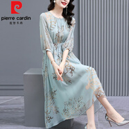 皮爾卡丹（pierre cardin）仿真|絲連衣裙2025春夏新款收腰溫柔法式桑蠶|絲碎花裙氣質(zhì)長裙 水藍(lán)色 2XL