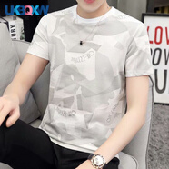 XQB 男士短袖T恤夏季新款印花打底衫休閑修身潮流半袖T體恤男裝上衣服 迷彩白 【高質(zhì)量】 M 90斤內