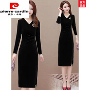 皮爾卡丹（pierre cardin）金絲絨連衣裙2024女新款秋冬顯瘦名媛包臀開(kāi)叉外穿打底裙子時(shí)尚女 黑色 M
