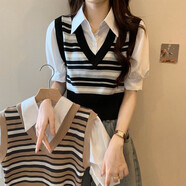 ESCURLTF翻領(lǐng)V領(lǐng)條紋拼接襯衫袖針織衫女夏季韓版修身小清新假兩件上衣女 黑色