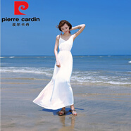 皮爾卡丹（pierre cardin）波西米亞長裙海邊度假雪紡連衣裙女夏2024新款吊帶超仙沙灘裙長款 白色 V領(lǐng)松緊腰款 S