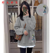 RLAS鯊魚(yú)褲搭配的衛(wèi)衣棉體恤女遮臀假兩件長(zhǎng)款長(zhǎng)袖t恤女遮屁股上衣 灰色(英文女孩)【加絨加厚】 M 80-105斤