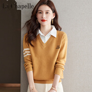 拉夏貝爾（La Chapelle）假兩件翻領(lǐng)女裝針織衫長(zhǎng)袖上衣2024年秋冬純色襯衫領(lǐng)打底洋氣毛衣 純100自動(dòng)發(fā)熱黃色【版面料】 純100自動(dòng)發(fā)熱2XL 建議130-140斤