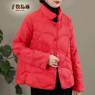 子牧棉麻冬裝 女純色刺繡棉服外套寬松休閑百搭輕薄保暖棉衣1997 紅色 M(建議110斤以內(nèi))