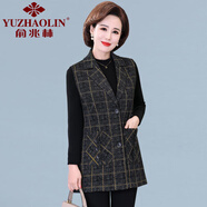 俞兆林（YUZHAOLIN）中老年馬夾女秋冬外穿大碼格子外套中年媽媽春秋裝馬甲中長款坎肩 黃條 單款 XL 建議90-105斤