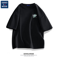 GENIOLAMODE短袖t恤男簡約夏季新款白色純棉寬松大碼男生日系潮流男裝ins半袖 黑色(三色筆觸胸標(biāo)) 3XL (建議180-205斤)