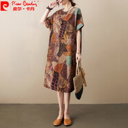 皮爾卡丹（pierre cardin）2024夏季新款棉麻花色格子寬松短袖胖過膝復(fù)古連衣裙口袋氣質(zhì)女針 咖啡亂色8194# 均碼 建議200斤以內(nèi)