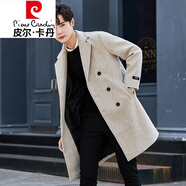 皮爾卡丹輕奢品牌男裝 秋冬季外套風(fēng)衣男士韓版潮流毛呢大衣青年學(xué)生披風(fēng)帥 米色雙排扣 M 85-100斤