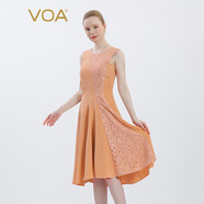 VOA30姆米重磅桑蠶絲圓領(lǐng)無袖撞料拼接勾畫鏤空真絲連衣裙 A-0322 櫻珊瑚（F38） S