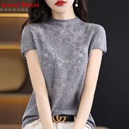 LOVER RUCCI夏季新款半高領(lǐng)冰絲針織短袖女氣質(zhì)天絲T恤時(shí)尚亞麻蕾絲半袖上衣 蕾絲灰 S