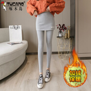 啄木鳥(niǎo)秋冬加絨加厚打底褲假兩件女秋季薄款顯瘦帶裙一體裙褲外穿彈力 加絨 款淺灰色 M