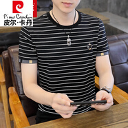 皮爾卡丹（pierre cardin）高檔針織短袖t恤男夏季潮流條紋圓領(lǐng)男士純棉體恤冰絲半袖上衣T WE3307黑色 S 165