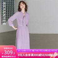 颜域V领系带连衣裙女秋装2023年新款优雅气质简约中长款女士裙子 紫色 S/36