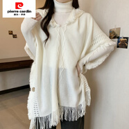 皮爾卡丹（pierre cardin）大碼波西米亞流蘇毛衣針織衫女秋冬胖mm百搭減齡披肩斗篷連帽上衣 白色斗篷 M 建議(80-100斤)