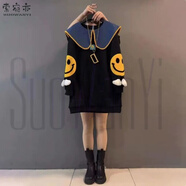 索宛亦（SUOWANYI）2022秋裝韓版新款大碼女裝胖mm寬松顯瘦中長款套頭長袖冬季衛(wèi)衣女 黑色笑臉【春秋】 XL 【建議120-140斤】