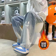 錯搭休閑褲子牛仔褲男士秋冬季2025新款直筒寬松闊腿男褲黑色加絨加厚 淺藍色 L