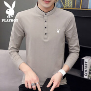 花花公子（PLAYBOY）長(zhǎng)袖t恤男春秋季新款潮流立領(lǐng)商務(wù)休閑修身上衣男士百搭打底衫男 卡其P-2441HH8165 M