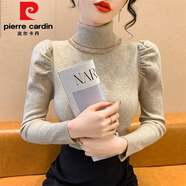 皮爾卡丹（pierre cardin）秋冬新款年高領(lǐng)泡泡袖毛衣針織衫女修身顯瘦打底衫內(nèi)搭上衣潮女裝 杏色 L