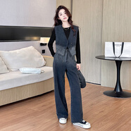 MODX香港女裝斜扣牛仔馬甲背心闊腿褲兩件套裝歐洲站春夏秋裝2024新款 淺灰色+黑色長(cháng)袖(三件套) L (100-115斤)