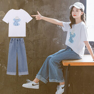 柚一杉童裝女童套裝短袖夏裝新款女孩學(xué)生夏季中大童兒童衣服洋氣兩件套 小象牛仔套裝 白色 150(建議身高145左右)