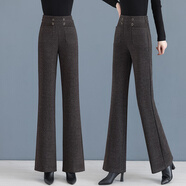 艾靖雅休閑褲女毛呢直筒微喇褲秋冬加絨加厚洋氣松緊腰中年顯瘦喇叭褲子 咖色九分（常規款） XL （勻稱(chēng)身形115-125斤）