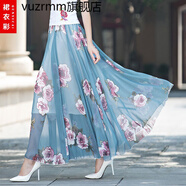 vuzrmm波西米亞沙灘長(zhǎng)裙2023夏季翠花雪紡半身裙長(zhǎng)款女復(fù)古印花大擺裙 藍(lán)牡丹長(zhǎng)裙 S 1.8尺-1.9尺