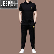 JEEP SPIRIT 2025運動休閑套裝男夏季短袖衛(wèi)衣長褲帥氣中年潮流簡約兩件套翻 504黑色 2XL 180/92A