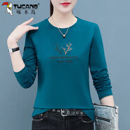 啄木鳥(niǎo)好棉t恤女春秋薄款2025年新款中年打底衫休閑長(cháng)袖上衣T 湖藍 3XL (建議135-145斤)