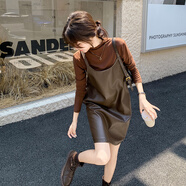 桂雪格咖色pu皮背帶套裝連衣裙女春秋季韓系穿搭獨特絕美吊帶裙兩件套裝 咖啡色兩件套 XS