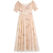 賢語(yǔ)夏季新款法式復古宮廷法式印花裙夏季泡泡袖碎花網(wǎng)紗連衣裙女 杏粉色 S