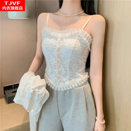 TJVF蕾絲花紋小吊帶背心帶胸墊美背內搭褶皺珍珠性感外穿打底裹胸上衣 白色 均碼