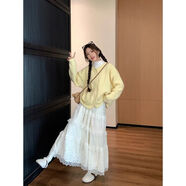 伊琦蕾甜美新款韓系長(cháng)袖蛋糕針織毛衣開(kāi)衫2025蕾絲半身裙女秋季時(shí)尚套裝 主圖色 L