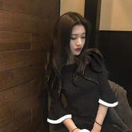 愷吉銳T恤女夏韓國ulzzang七分袖刺繡短袖丅恤原宿BF學(xué)生半袖體桖上衣服 166*黑色 M