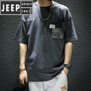 JEEP SPIRIT/吉普夏季黑色純棉短袖T恤男寬松潮牌ins大碼半袖胖子加肥加大潮 灰色 XL 建議145-160斤