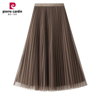 皮爾卡丹（pierre cardin）雙面穿百褶半身裙女春秋中長款2023新款網(wǎng)紗夏大擺a字紗裙 咖啡 均碼 腰圍1尺8-2尺5裙長80CM