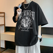 大魚界線（dayujiexian）美式高街短袖T恤男夏季潮牌痞帥小眾休閑體恤衫寬松圓領半袖上衣 黑色 3XL