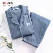 美標(biāo)情侶送禮睡衣女長(zhǎng)袖純棉春秋三層棉紗全棉可外穿格子家居服套裝夏 496男士孔雀藍(lán) 2XL