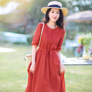 桂雪格休閑短袖中長款連衣裙女裝2024夏季新款高腰寬松收腰紅色裙子 紅色 L （110-120斤）