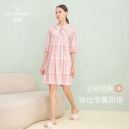 秋鹿睡裙女【經(jīng)典系】夏季梭織格子純棉V領(lǐng)七分袖休閑連衣裙家居服 淺蝦49 XL