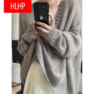 HLHP秋冬季新款慵懶風(fēng)馬海毛毛衣女中長(zhǎng)款寬松顯瘦薄款鏤空針織衫上衣 灰色 M